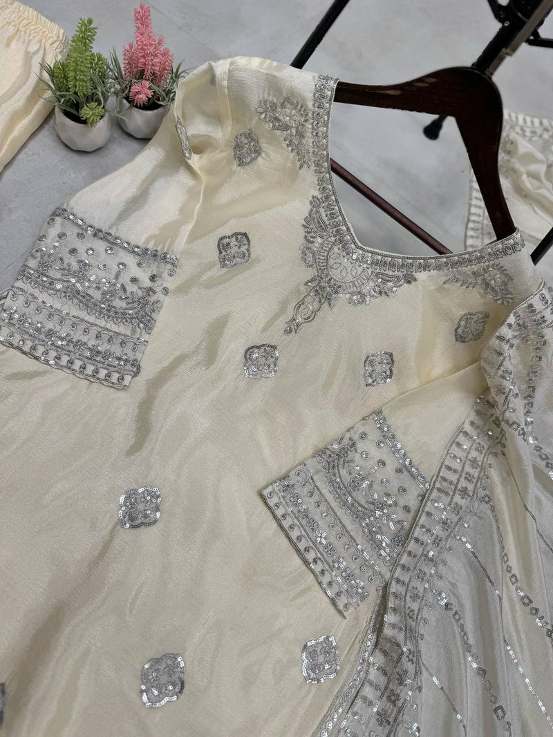 Off White Color Real Mirror and Sequins Embroidery Work Sharara Suit