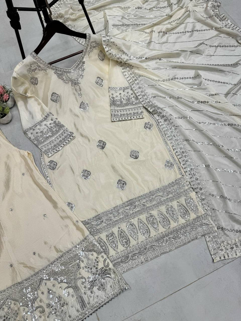 White Color Fox Georgette Real Mirror and Sequence Embroidery Work Sharara Suit