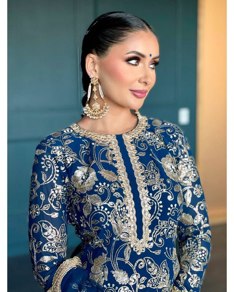 Blue Color Tread With Sequins Work Georgette Sharara Suit