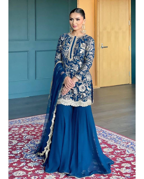 Blue Color Tread With Sequins Work Georgette Sharara Suit