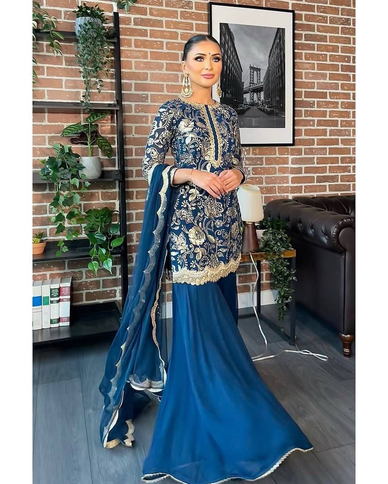 Blue Color Tread With Sequins Work Georgette Sharara Suit