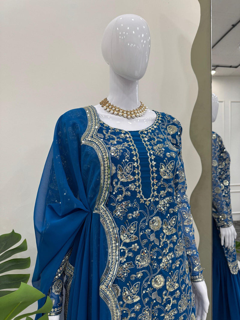 Blue Color Tread With Sequins Work Georgette Sharara Suit