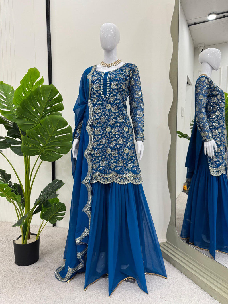 Blue Color Tread With Sequins Work Georgette Sharara Suit
