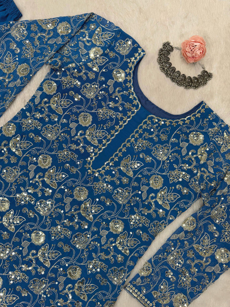 Blue Color Tread With Sequins Work Georgette Sharara Suit