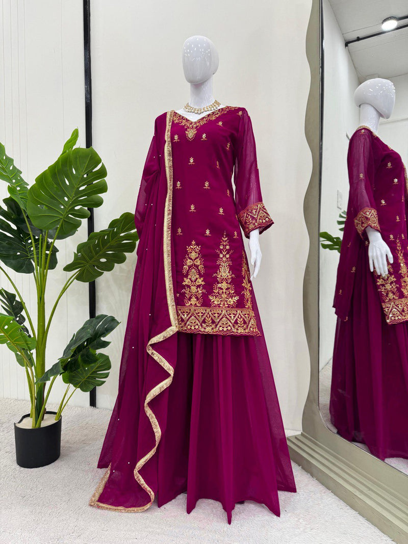 Dark Pink Color Sequence Work Designer Sharara Suit