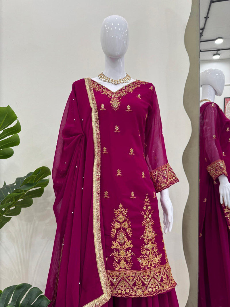 Dark Pink Color Sequence Work Designer Sharara Suit