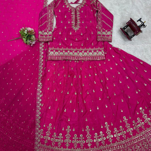 Pink Color Wedding Wear Thread With Sequins Work Lehenga Top