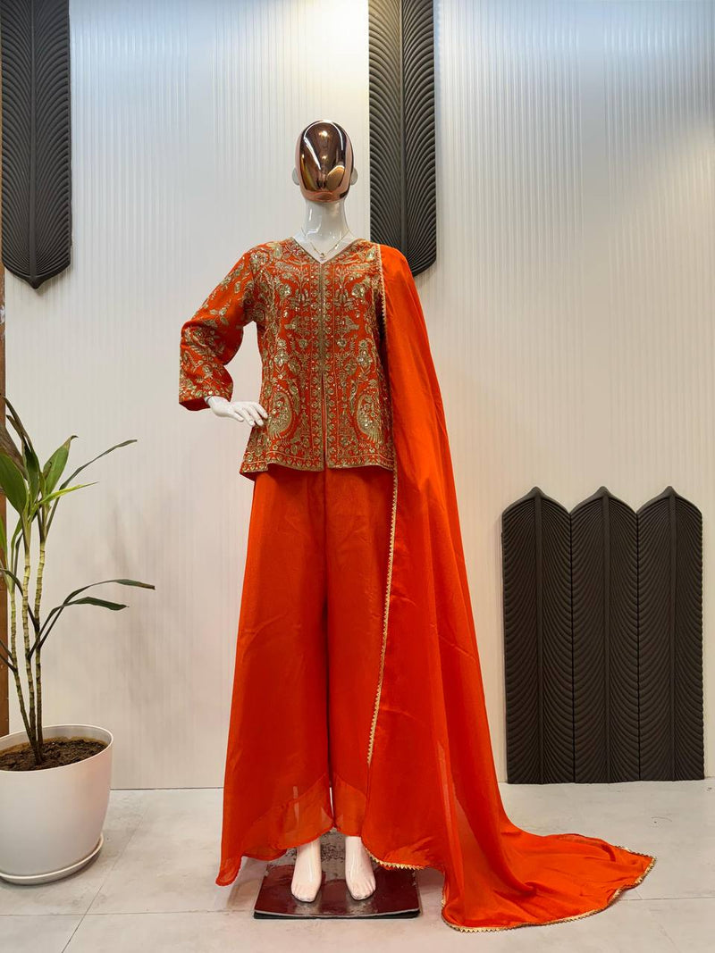 Orange Color Sequence Embroidery Work Palazzo set