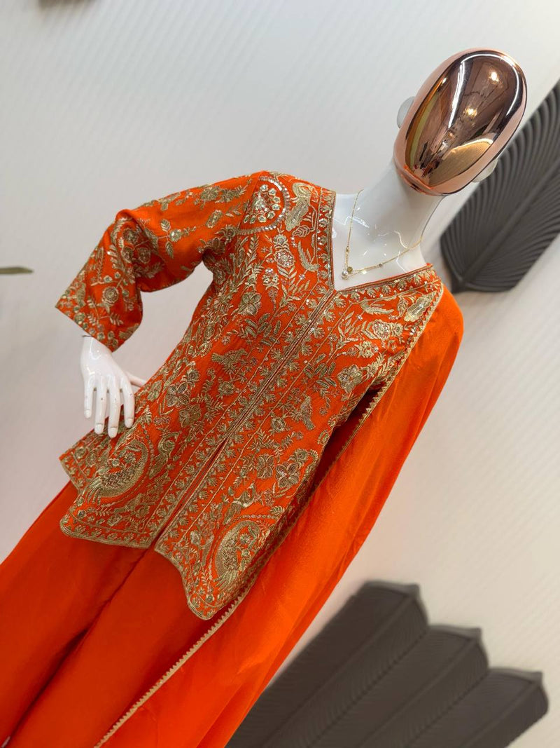 Orange Color Sequence Embroidery Work Palazzo set