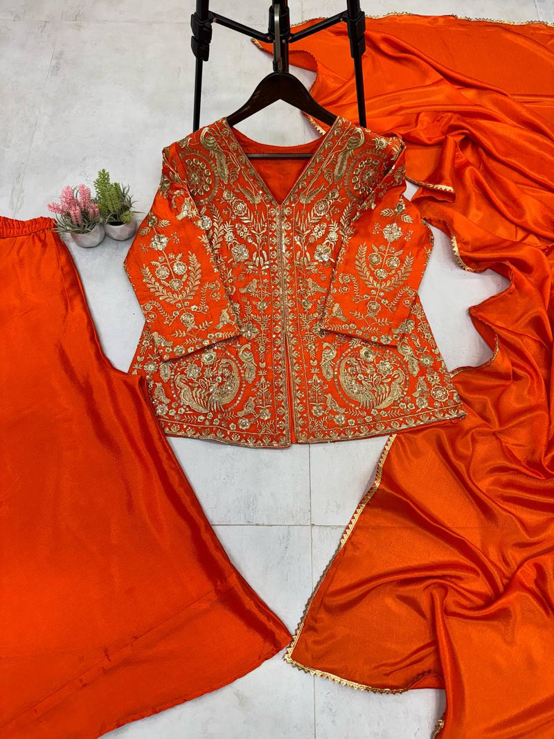 Orange Color Sequence Embroidery Work Palazzo set