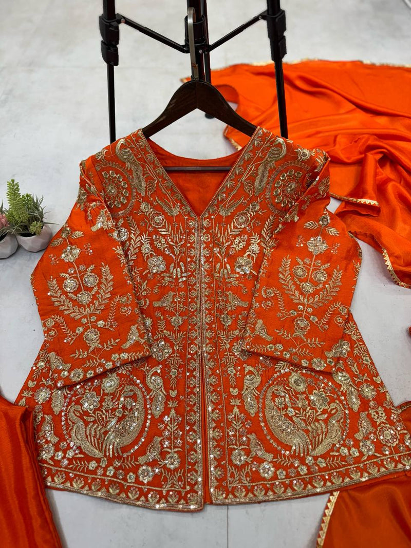 Orange Color Sequence Embroidery Work Palazzo set