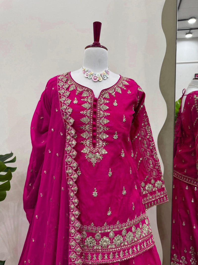 Pink Color Wedding Wear Thread With Sequins Work Lehenga Top