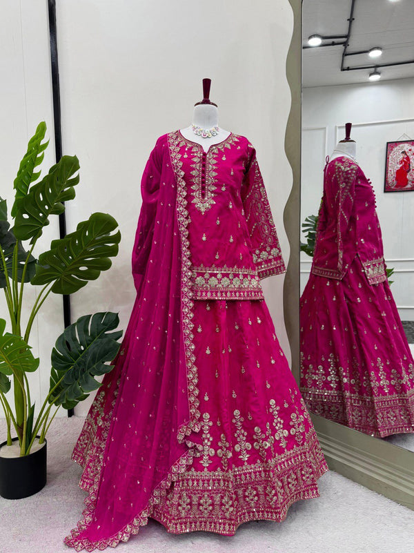 Pink Color Wedding Wear Thread With Sequins Work Lehenga Top