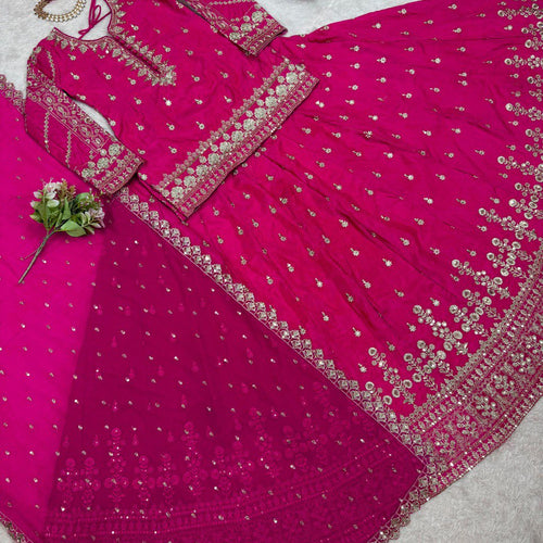 Pink Color Wedding Wear Thread With Sequins Work Lehenga Top