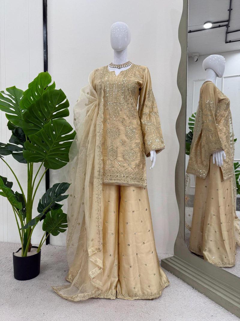 Cream Color Sequence Work Designer Sharara Suit