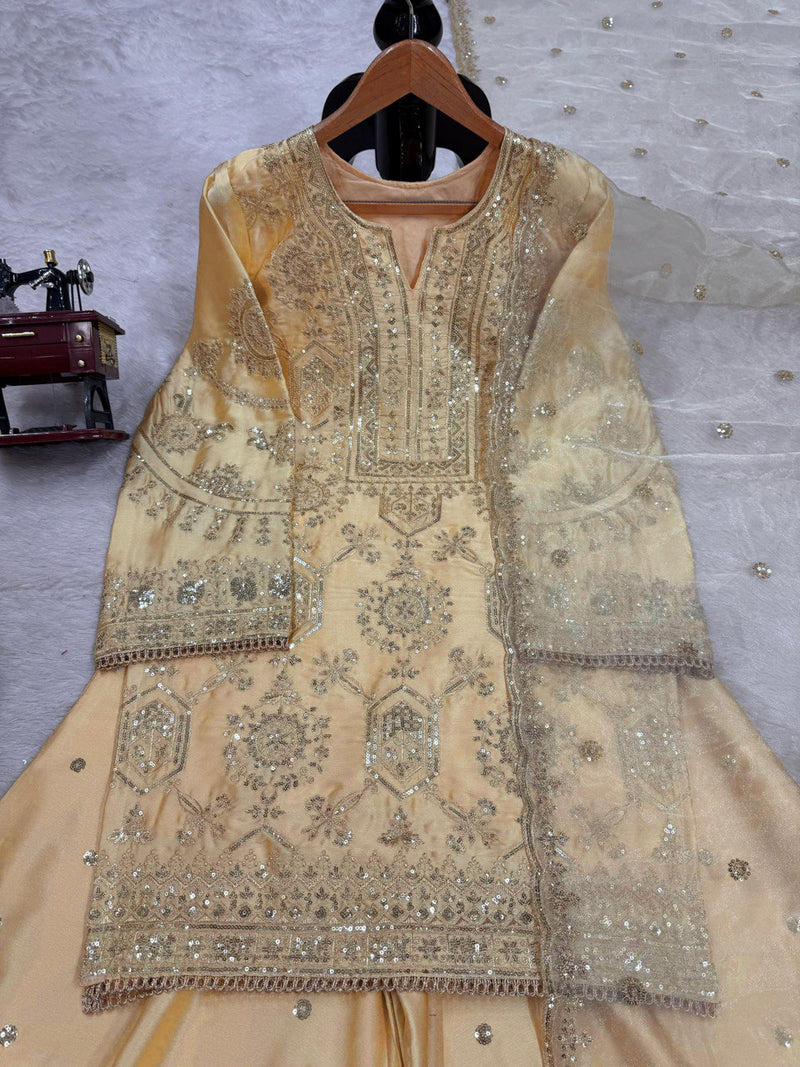 Cream Color Sequence Work Designer Sharara Suit