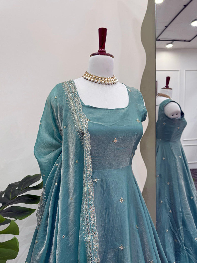 Rama Green Color Trendy Embroidered Work Silk Gown