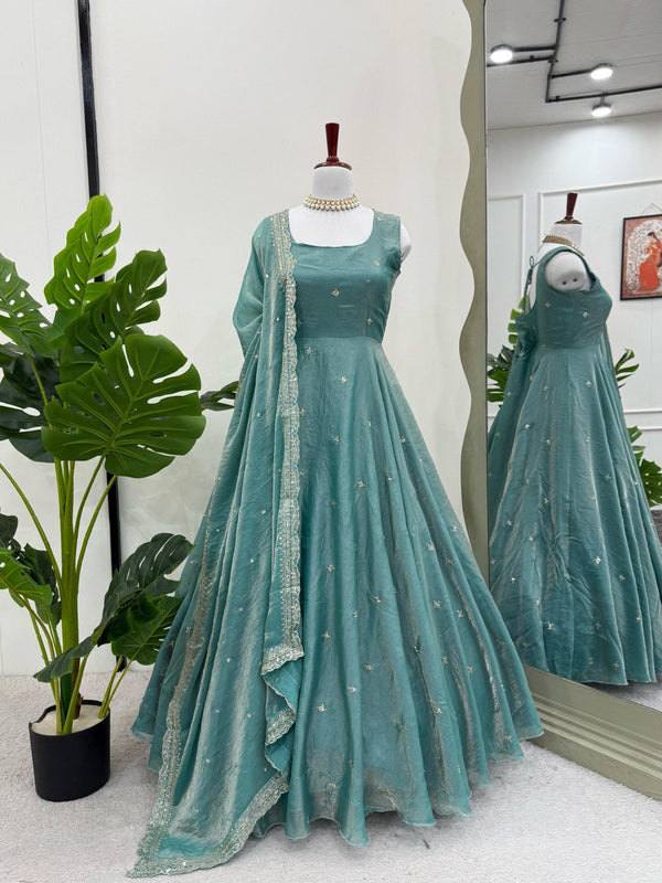 Rama Green Color Trendy Embroidered Work Silk Gown