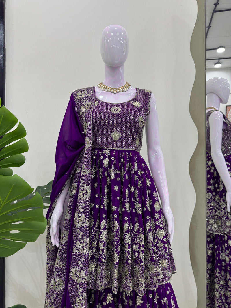 Purple Color Heavy Embroidered Sequence Work Sharara Suit