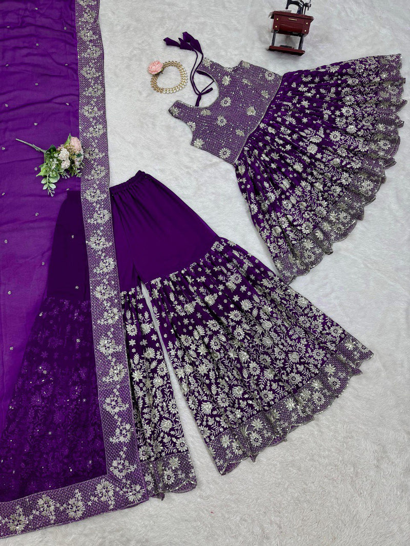 Purple Color Heavy Embroidered Sequence Work Sharara Suit