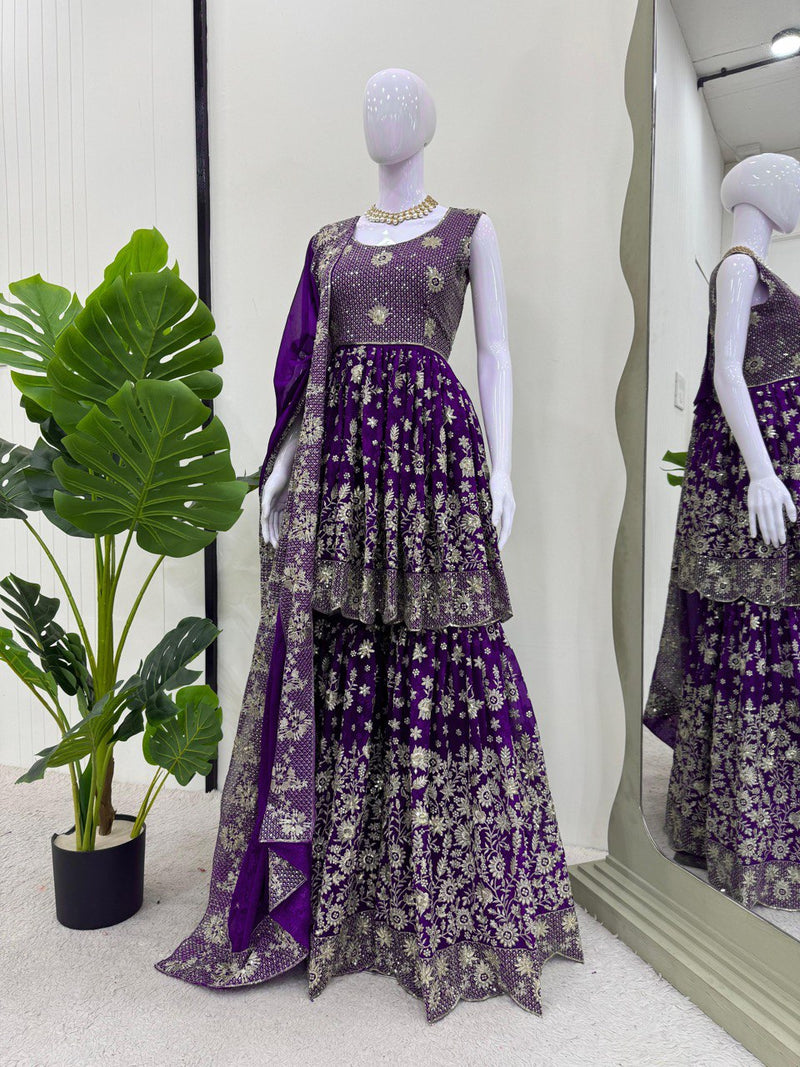 Purple Color Heavy Embroidered Sequence Work Sharara Suit