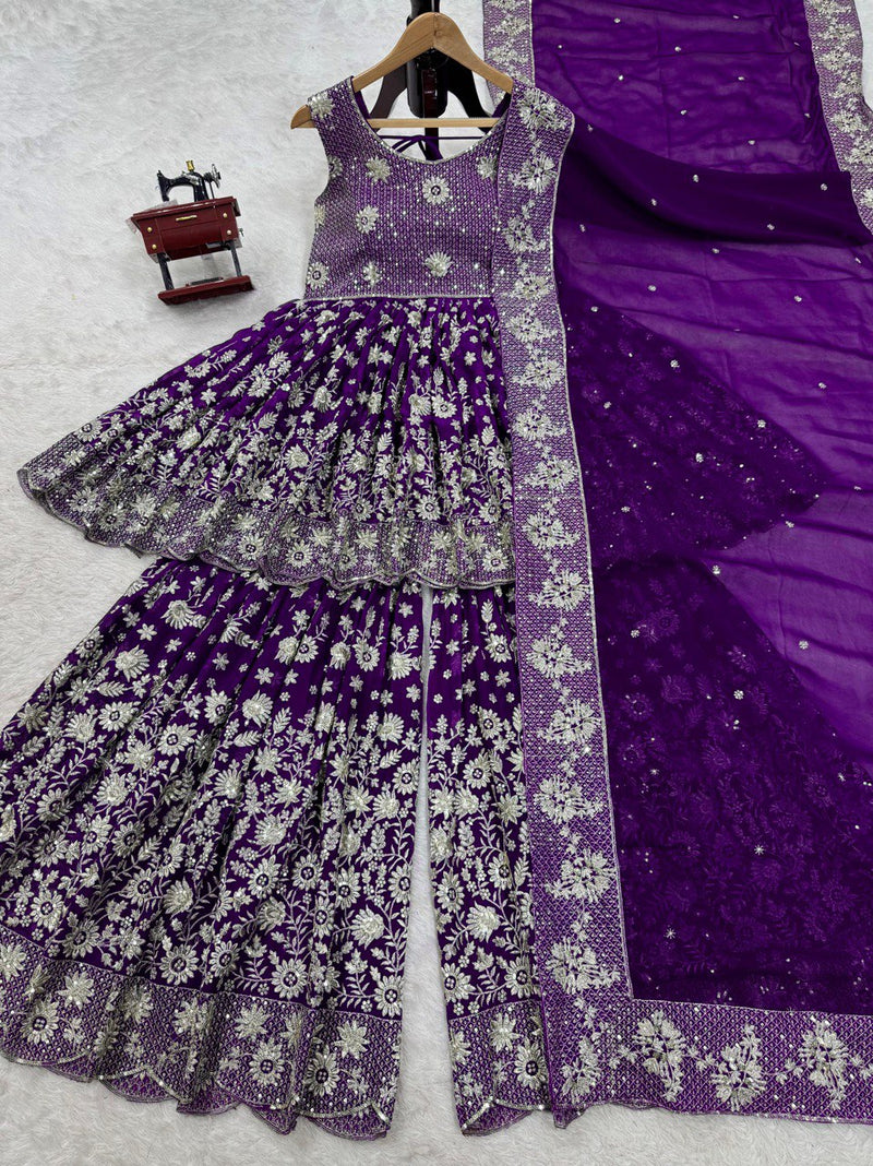 Purple Color Heavy Embroidered Sequence Work Sharara Suit