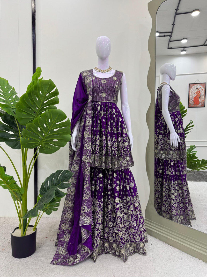 Purple Color Heavy Embroidered Sequence Work Sharara Suit