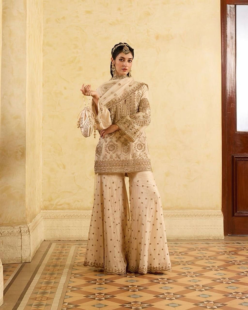 Cream Color Thread with Sequins Work Sharara Suit