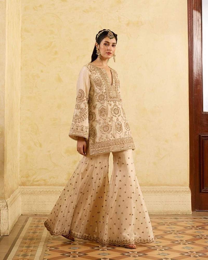 Cream Color Thread with Sequins Work Sharara Suit