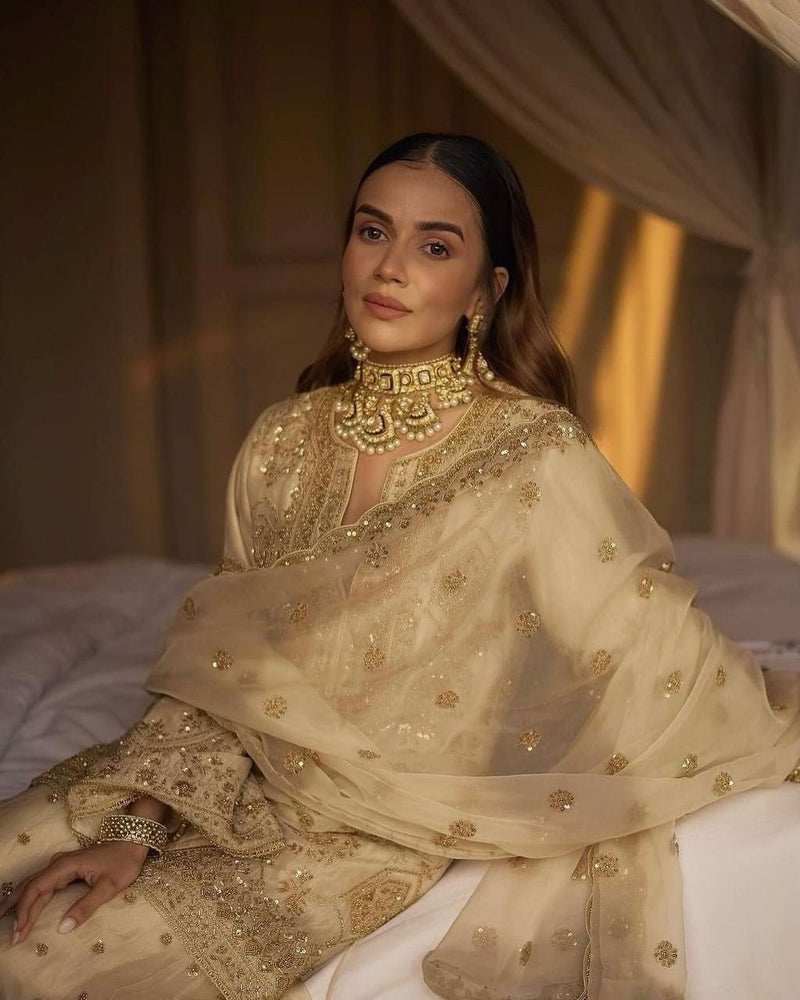 Cream Color Thread with Sequins Work Sharara Suit