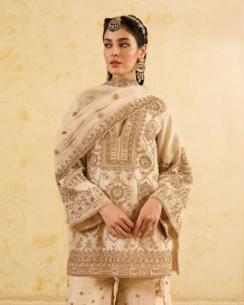 Cream Color Thread with Sequins Work Sharara Suit