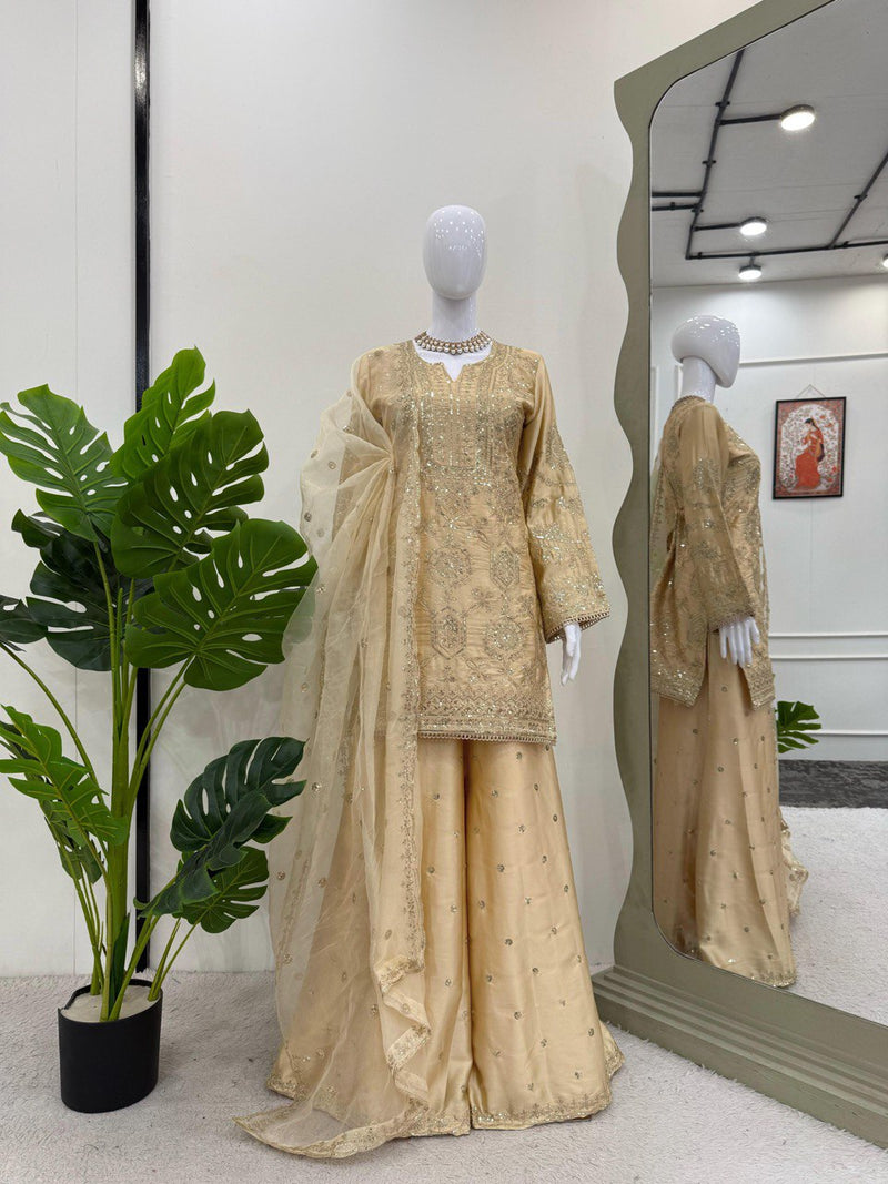 Cream Color Thread with Sequins Work Sharara Suit