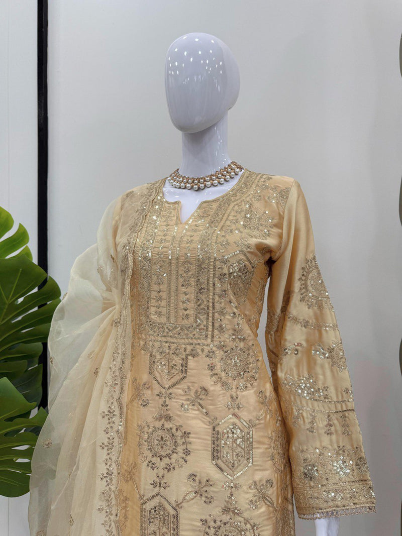 Cream Color Thread with Sequins Work Sharara Suit