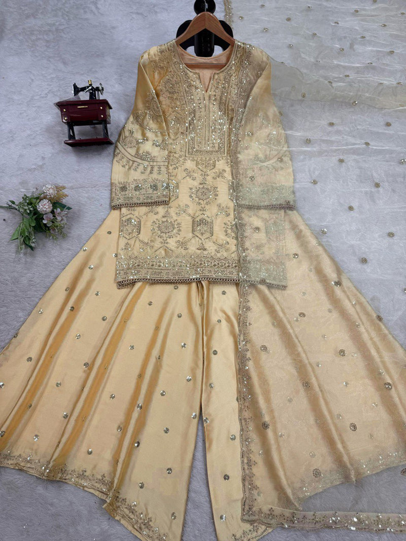 Cream Color Thread with Sequins Work Sharara Suit
