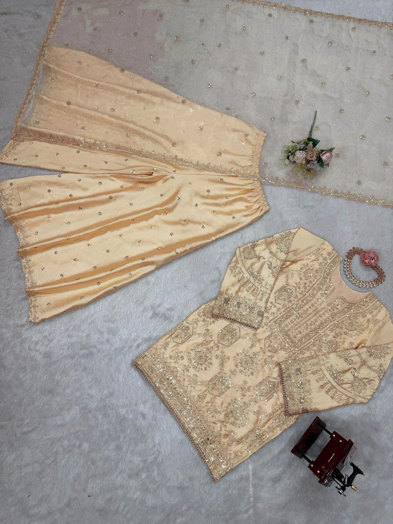 Cream Color Thread with Sequins Work Sharara Suit