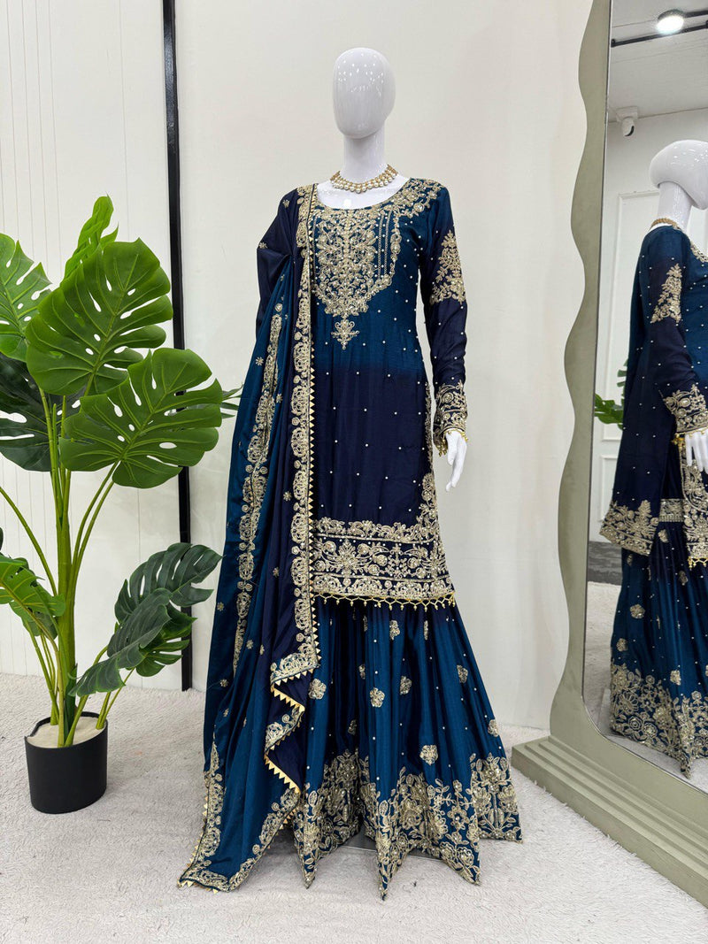 Navy Blue Color Sequence Work Trendy Designer Sharara Suit