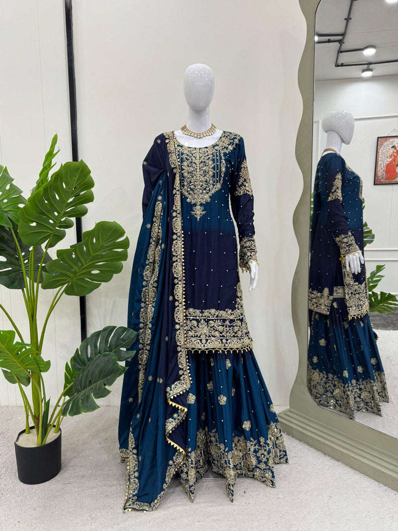 Navy Blue Color Sequence Work Trendy Designer Sharara Suit