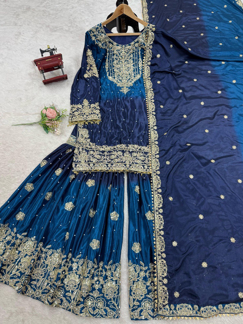 Navy Blue Color Sequence Work Trendy Designer Sharara Suit