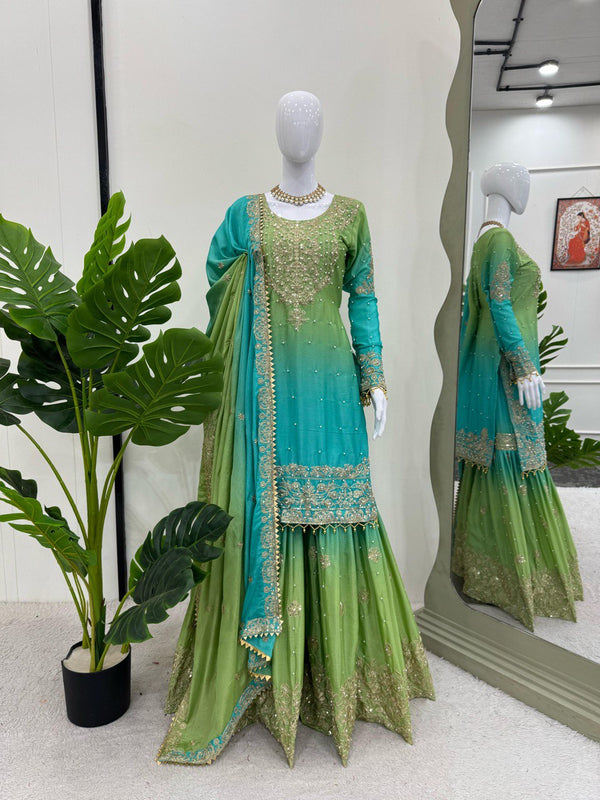 Light Green Color Sequence Work Designer Sharara Suit