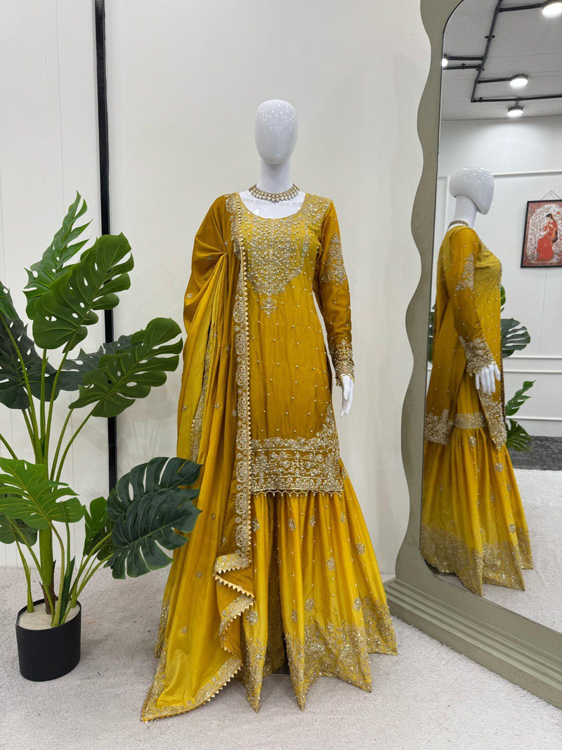 Yellow Color Sequence Work Trendy Designer Sharara Suit