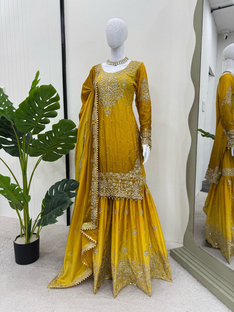 Yellow Color Sequence Work Trendy Designer Sharara Suit