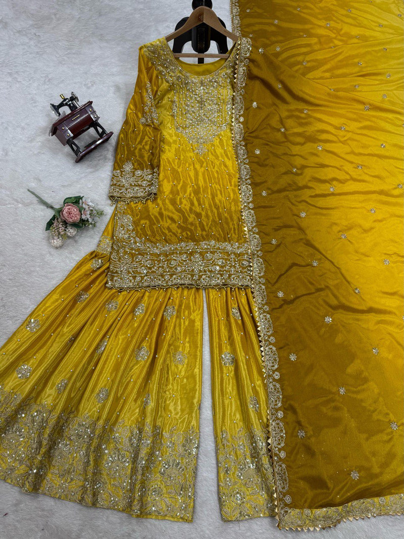 Yellow Color Sequence Work Trendy Designer Sharara Suit