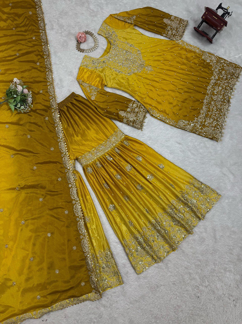 Yellow Color Sequence Work Trendy Designer Sharara Suit