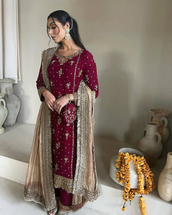 Maroon Color Embroidery And Sequins Work Sharara Suit