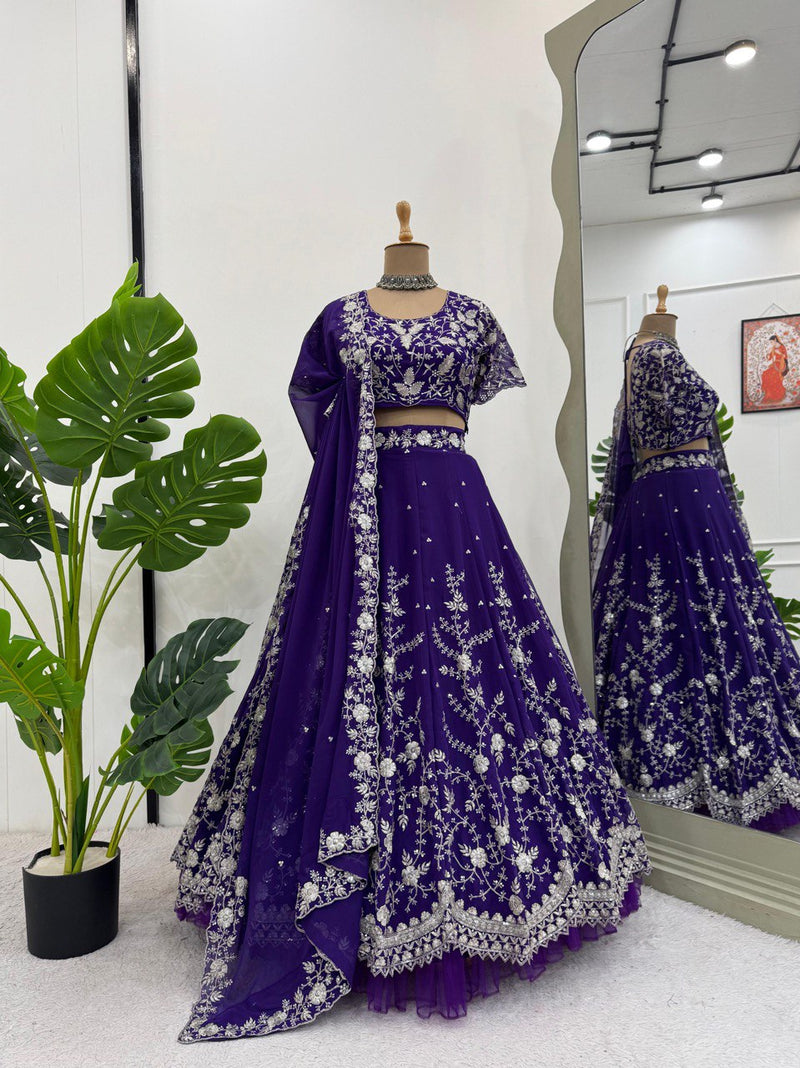Purple Color Thread With Sequins Work Designer Georgette Lehenga Choli
