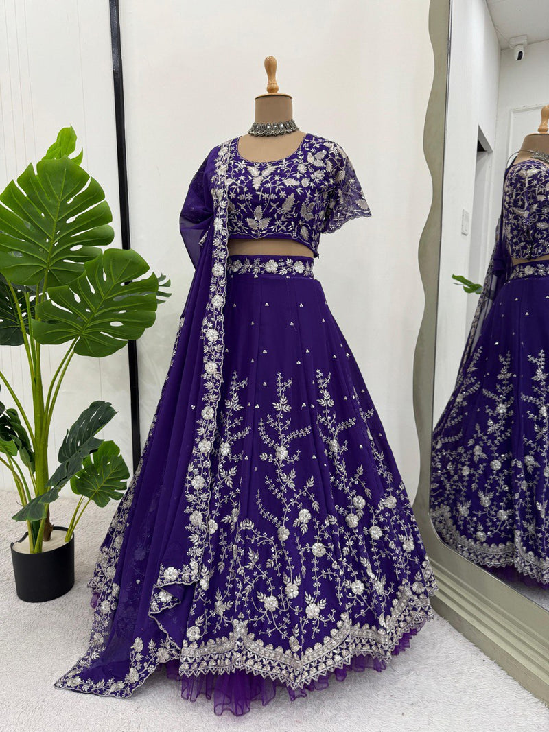 Purple Color Thread With Sequins Work Designer Georgette Lehenga Choli