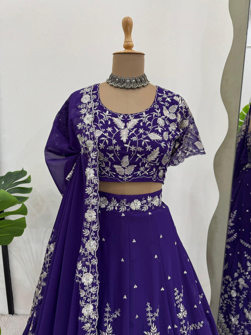 Purple Color Thread With Sequins Work Designer Georgette Lehenga Choli