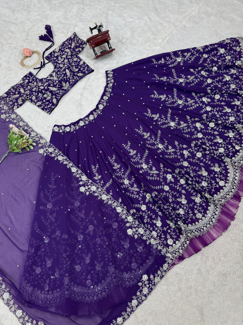 Purple Color Thread With Sequins Work Designer Georgette Lehenga Choli