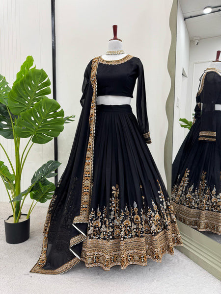 Black Color Thread With Sequins Work Designer Georgette Lehenga Choli
