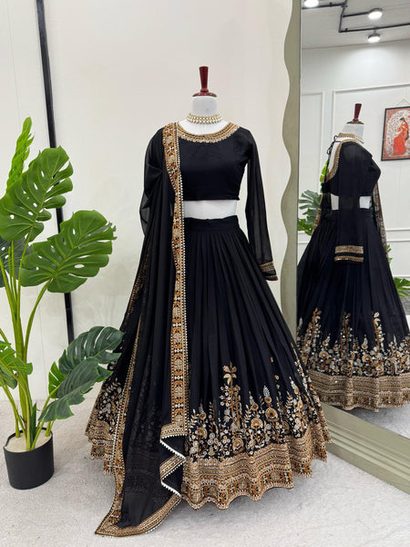 Black Color Thread With Sequins Work Designer Georgette Lehenga Choli